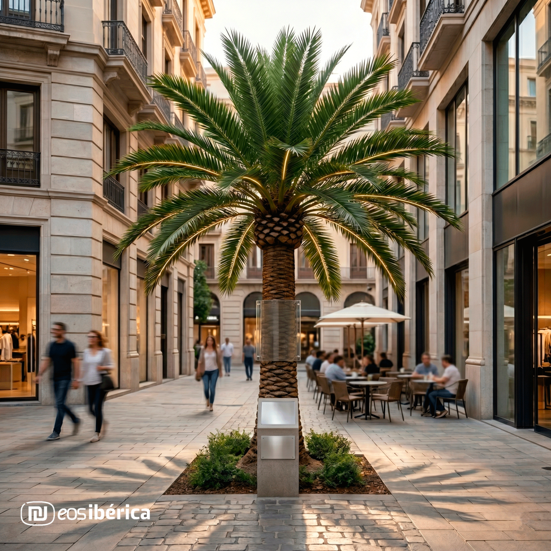 Una fotografía a pie de calle de una elegante calle peatonal en una ciudad europea con edificios de piedra caliza de estilo neoclásico. En el centro de la imagen hay una gran palmera datilera artificial con hojas con iluminación LED dorada integrada. A sus pies, la palmera tiene dos placas metálicas plateadas limpias montadas sobre pedestales de piedra a nivel del suelo, rodeadas de pequeños arbustos. Personas borrosas están caminando por la calle, con un café al aire libre a la derecha. El pavimento es de adoquines de piedra y la luz del sol proyecta largas sombras.