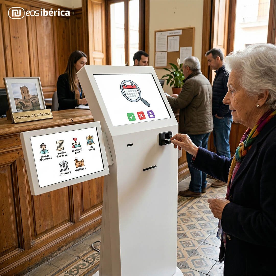 Persona de edad avanzada utilizando nuestra solución e700 Dual en un ayuntamiento.