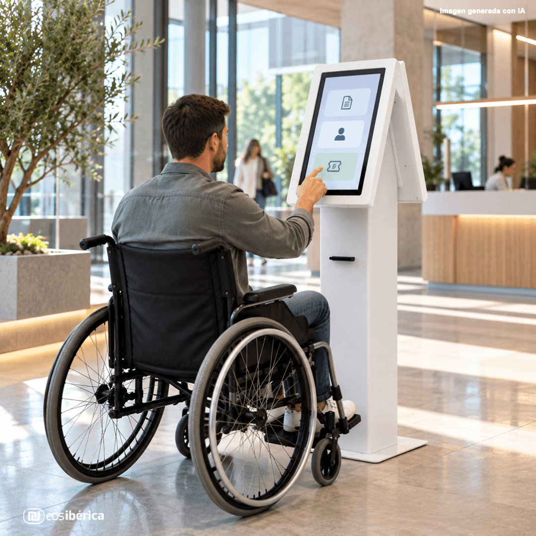 Hombre en silla de ruedas utilizando un terminal interactivo de autoservicio accesible en la recepción de un edificio público moderno.