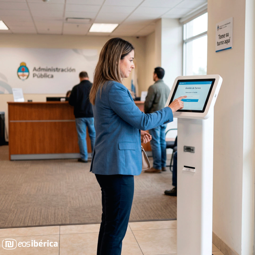 Mujer utilizando en una administración pública nuestro ePad Ticket para realizar la gestión de una cita.