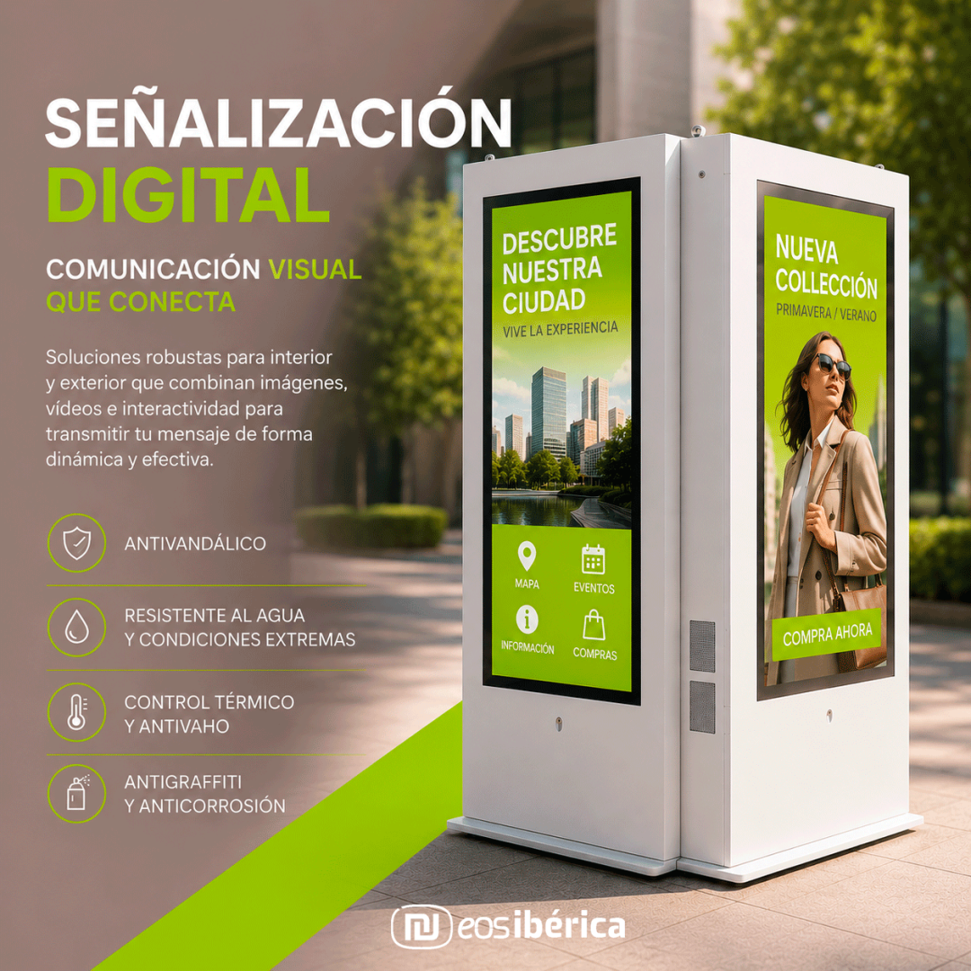 Tótem de señalización digital exterior de doble pantalla instalado en un entorno urbano, mostrando contenido publicitario dinámico y comunicación visual corporativa con diseño en colores verde y gris, ideal para campañas de digital signage outdoor.