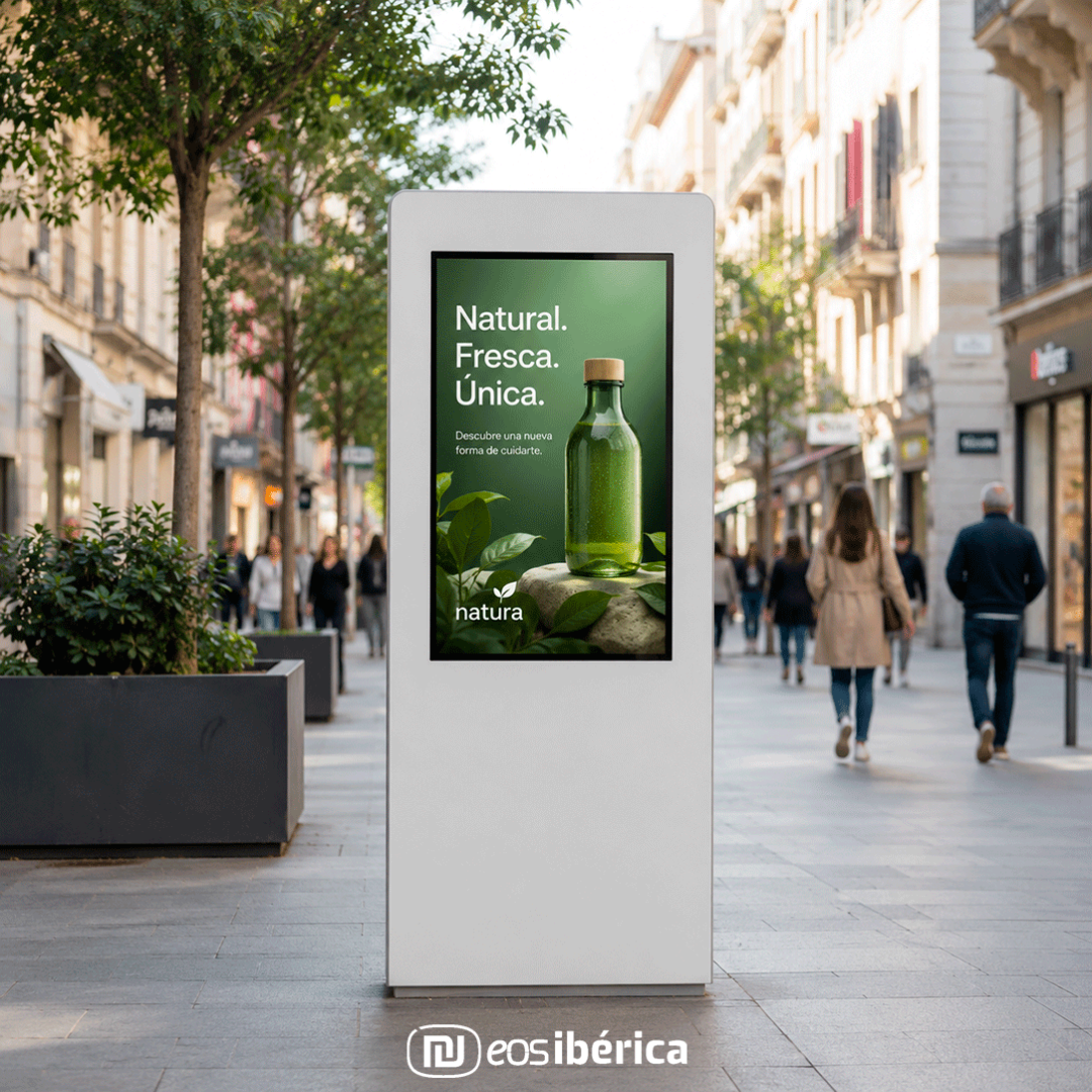Tótem publicitario digital instalado en una calle peatonal urbana, mostrando un anuncio en pantalla de alta resolución mientras peatones transitan por el entorno comercial de la ciudad.