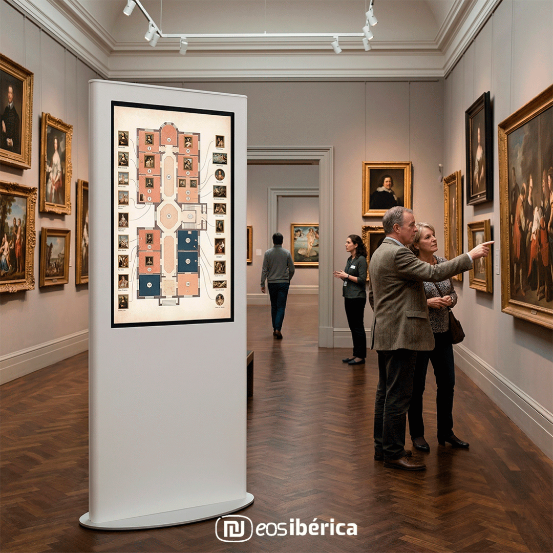 Un tótem interactivo blanco con una pantalla que muestra el plano de un museo y miniaturas de cuadros, ubicado en una sala de exposiciones con gente y obras de arte enmarcadas.