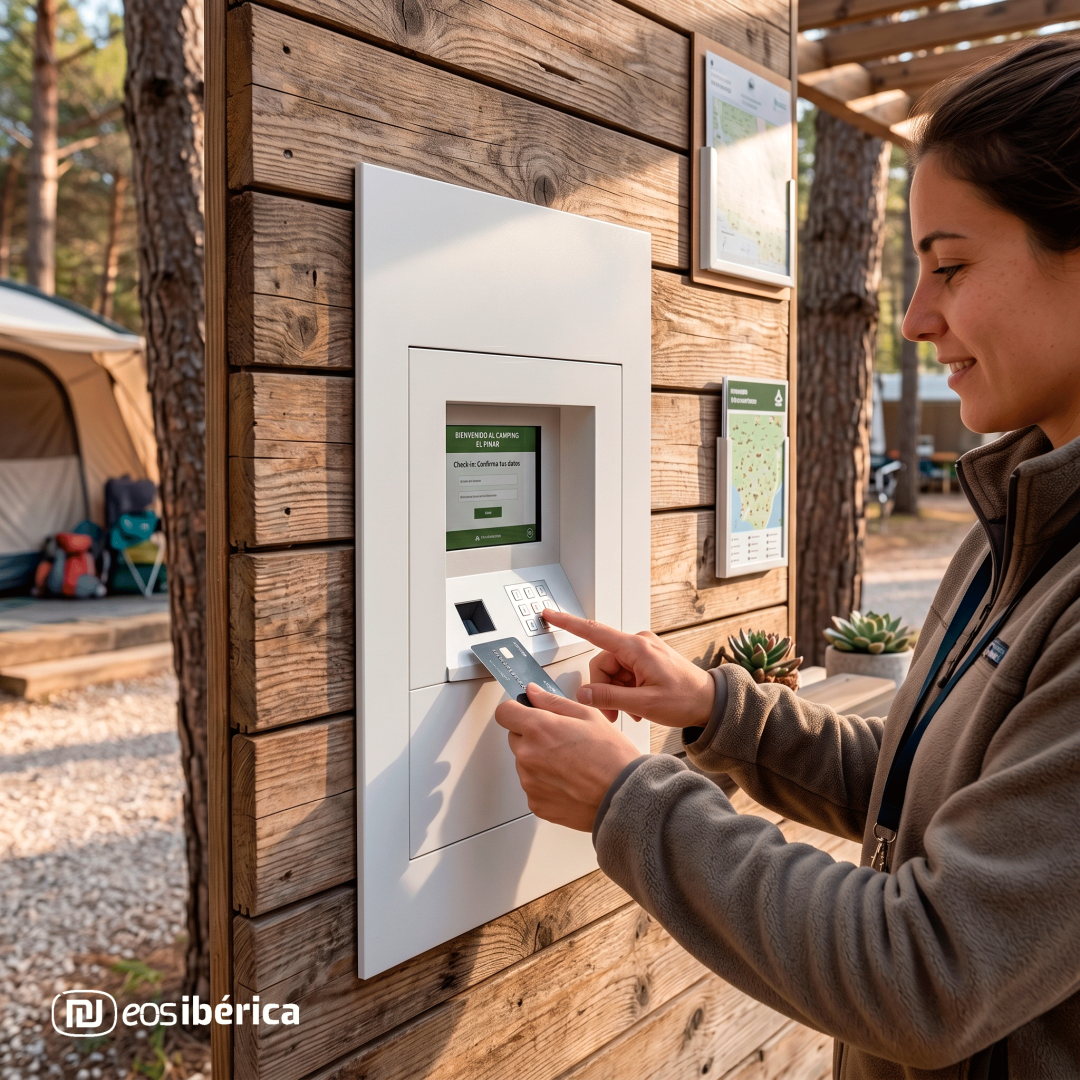 Una mujer sonriente utilizando un terminal de autopago para hacer el check-in en un camping.
