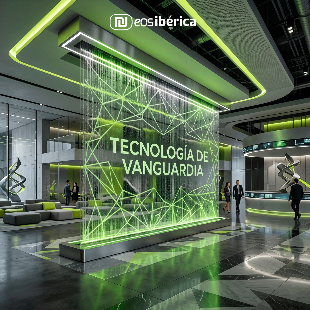 Cortina digital de agua en el hall de un edificio corporativo, proyectando patrones geométricos y el texto "TECNOLOGÍA DE VANGUARDIA" en tonos verdes y grises.