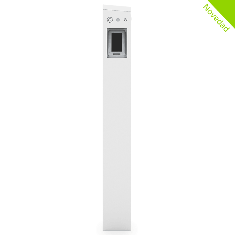 Imagen lateral del eColumn Compact en blanco. En este lateral se puede ver incorporado un TPV.
