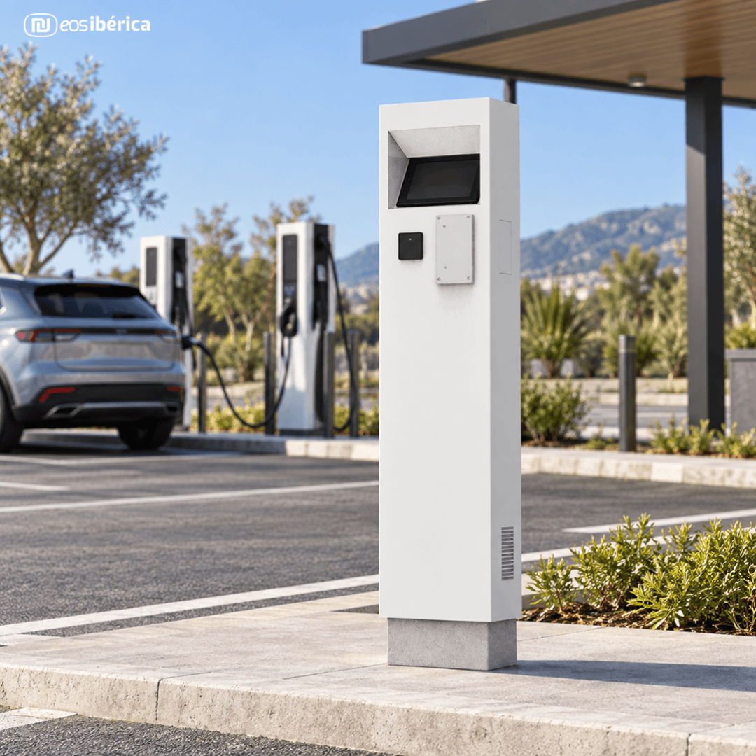 Terminal de pago y selección de cargador para vehículos eléctricos instalado en una electrolinera exterior, con postes de recarga y un coche al fondo.