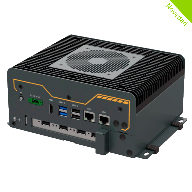 Pc industrial Edge AI equipado con el módulo NVIDIA Jetson Orin NX, una CPU ARM de 6 núcleos y una GPU con buen rendimiento de IA de hasta 70 TOPS.