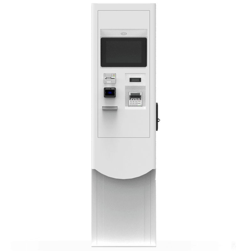 Terminal compacto de control de accesos para exteriores con opción de pago autónomo, diseñado para entornos industriales que requieren robustez y eficiencia sin ocupar espacio.
