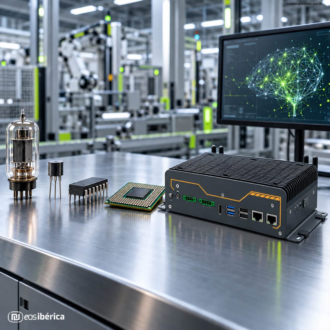 Evolución de los ordenadores representada por una válvula de vacío, un transistor, un circuito integrado, un microprocesador y un PC industrial de EOS Ibérica en una fábrica.