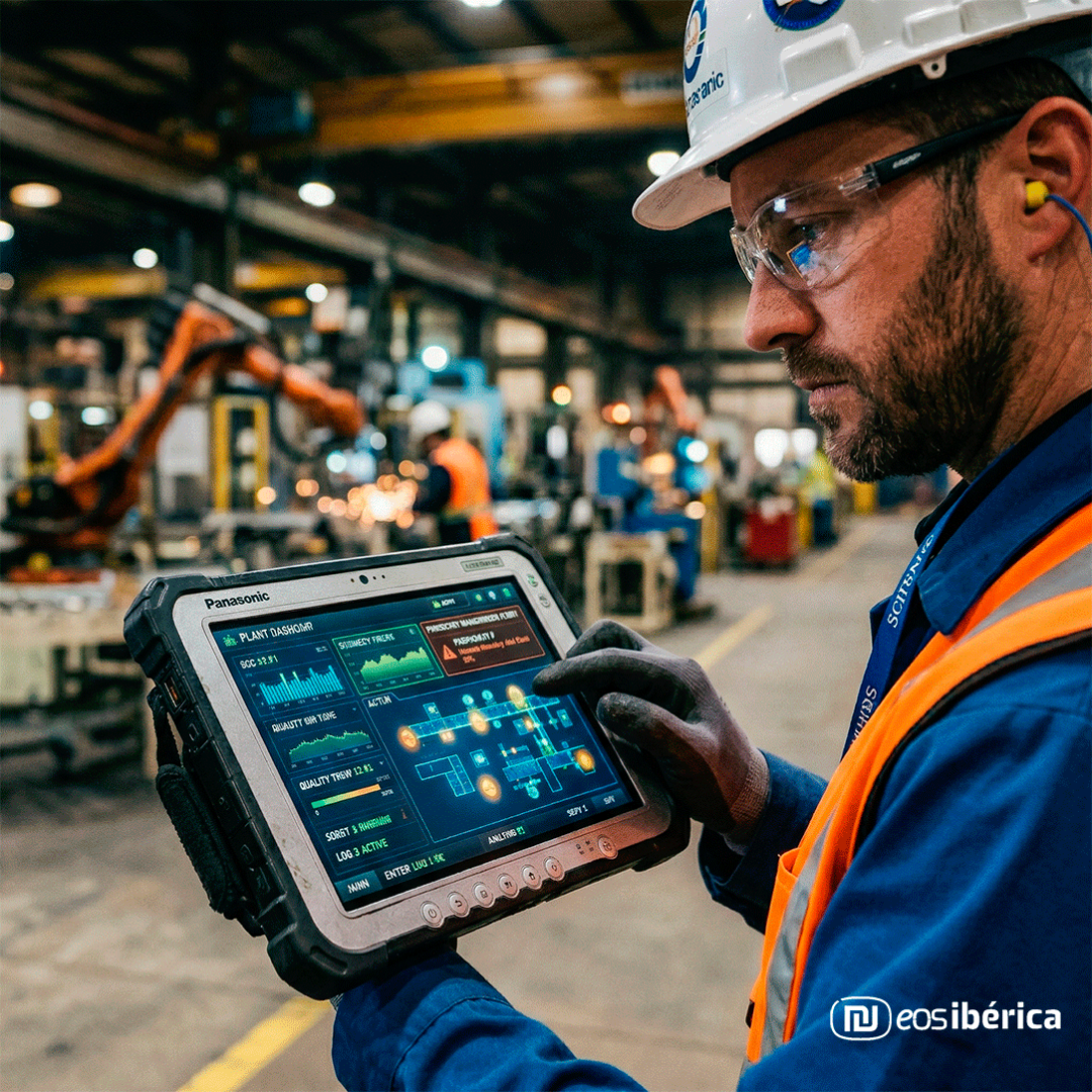 Primer plano de un ingeniero con casco de seguridad, gafas protectoras y chaleco reflectante en una fábrica de alta tecnología, concentrado mientras opera una tablet robusta Panasonic Toughbook. La pantalla muestra un panel de control con gráficos de rendimiento, mapas de la planta, datos de calidad y estado de la red. De fondo, borroso, se observan brazos robóticos industriales amarillos y maquinaria trabajando.