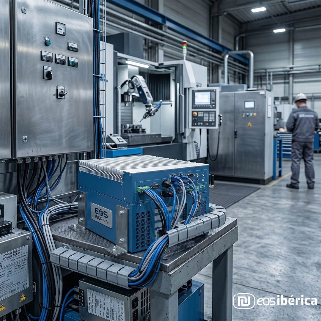 Fotografía profesional B2B de PC industrial EOS Ibérica con montaje fanless, instalado y operativo con cableado organizado en una planta de producción industrial con ambiente de fundición.