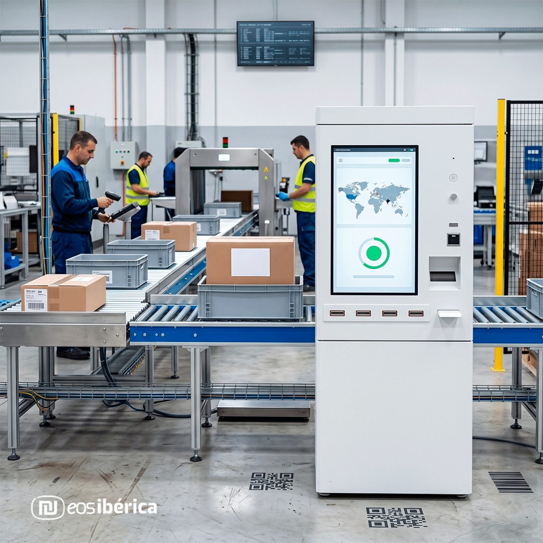 Un kiosco interactivo blanco de Grupo EOS Ibérica, situado en primer plano a la derecha de una concurrida planta de producción industrial. La pantalla táctil del terminal muestra un mapa de la cadena de suministro global y un indicador de progreso de seguimiento verde. Al fondo, una cinta transportadora de rodillos automatizada mueve cajas y contenedores grises. Operadores con chalecos de seguridad utilizan terminales de radiofrecuencia (RFID) para escanear cajas, ilustrando el proceso de trazabilidad y captura de datos en una línea de producción. La escena integra tecnologías como códigos QR impresos en el suelo y equipos de pesaje, mostrando un ecosistema completo de seguimiento de productos.