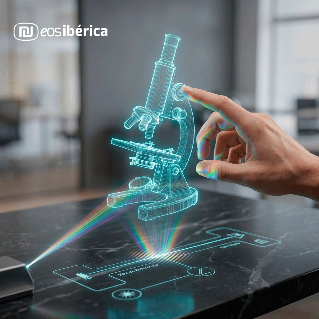 Una mano interactúa con la proyección holográfica en 3D de un microscopio que flota sobre una mesa de mármol negra en una oficina moderna. Un rayo láser crea un espectro de arco iris alrededor del holograma. Se ven esquemas técnicos brillantes en la mesa con el texto en español "Haz de Referencia" y "Haz Objeto".