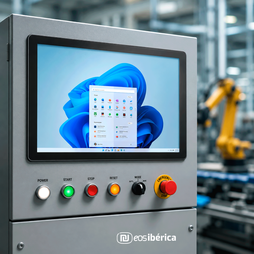 Monitor industrial integrado en panel de control de una fábrica automatizada con interfaz gráfica moderna y entorno industrial desenfocado.