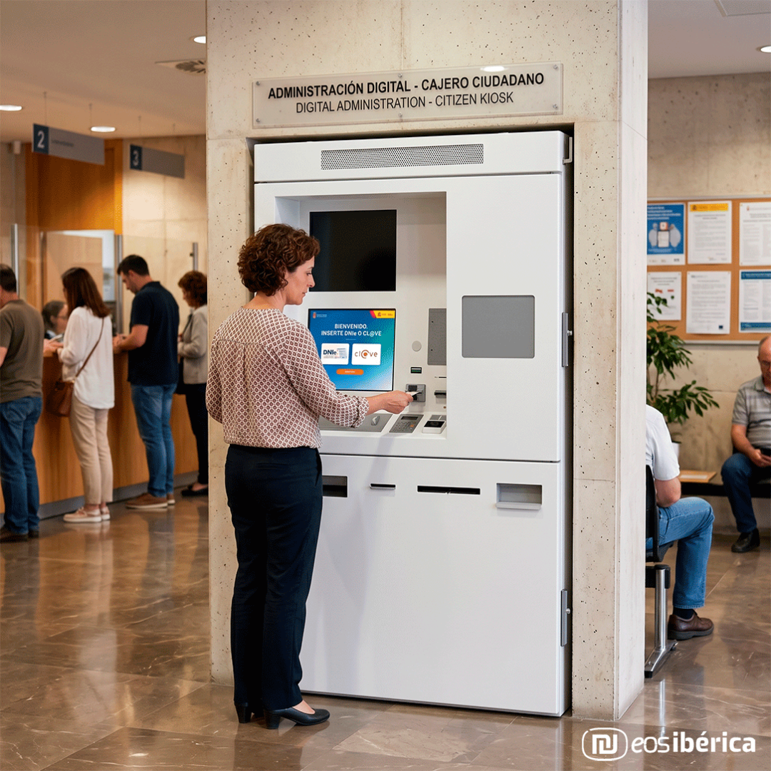 Una mujer interactúa con un cajero ciudadano blanco integrado en una columna de una oficina de administración pública. Al fondo, se ve a otras personas esperando en las ventanillas de atención al público.