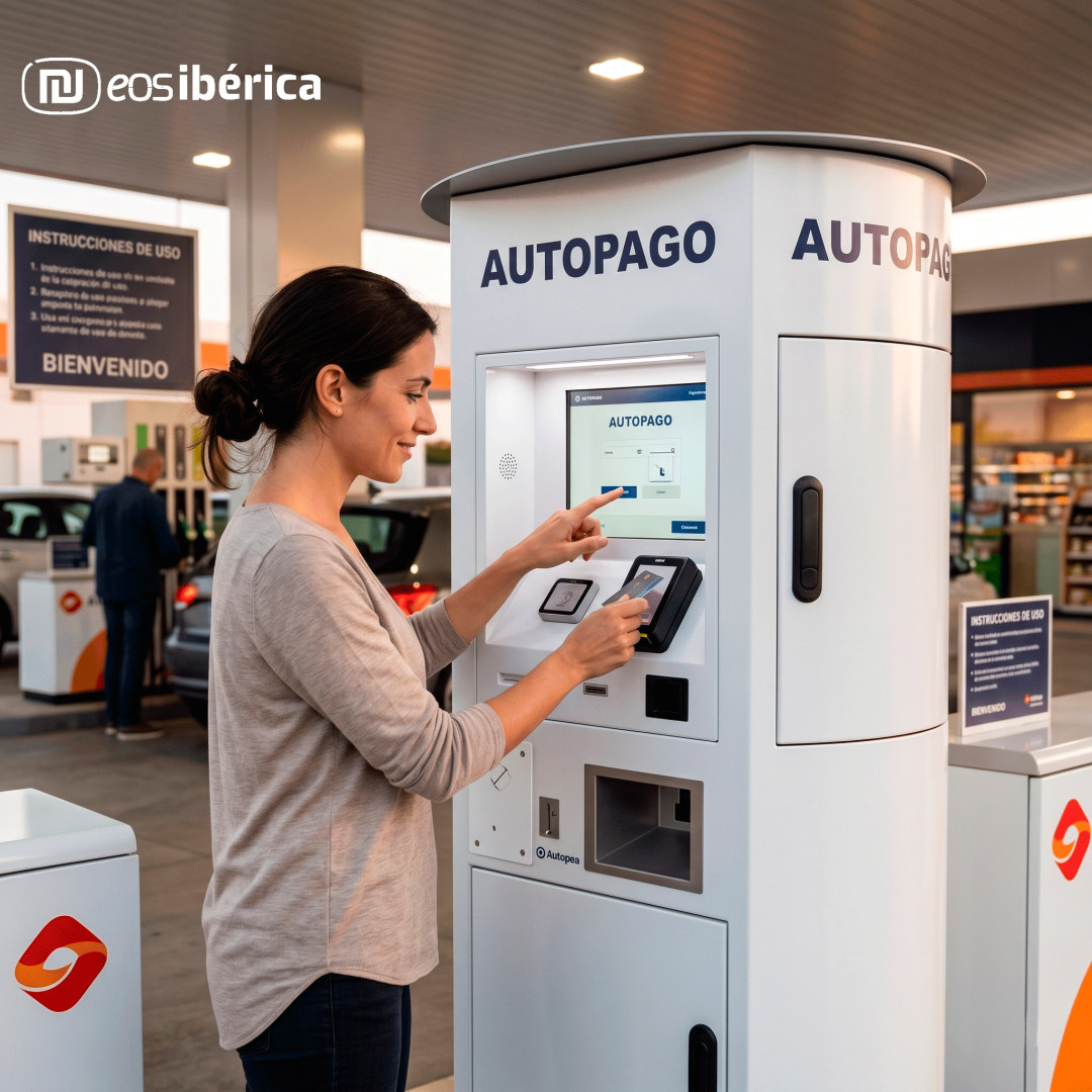 Mujer sonriente pagando con tarjeta de crédito en nuestro terminal interactivo y desatendido de autopago eAutopago Cash en una gasolinera.