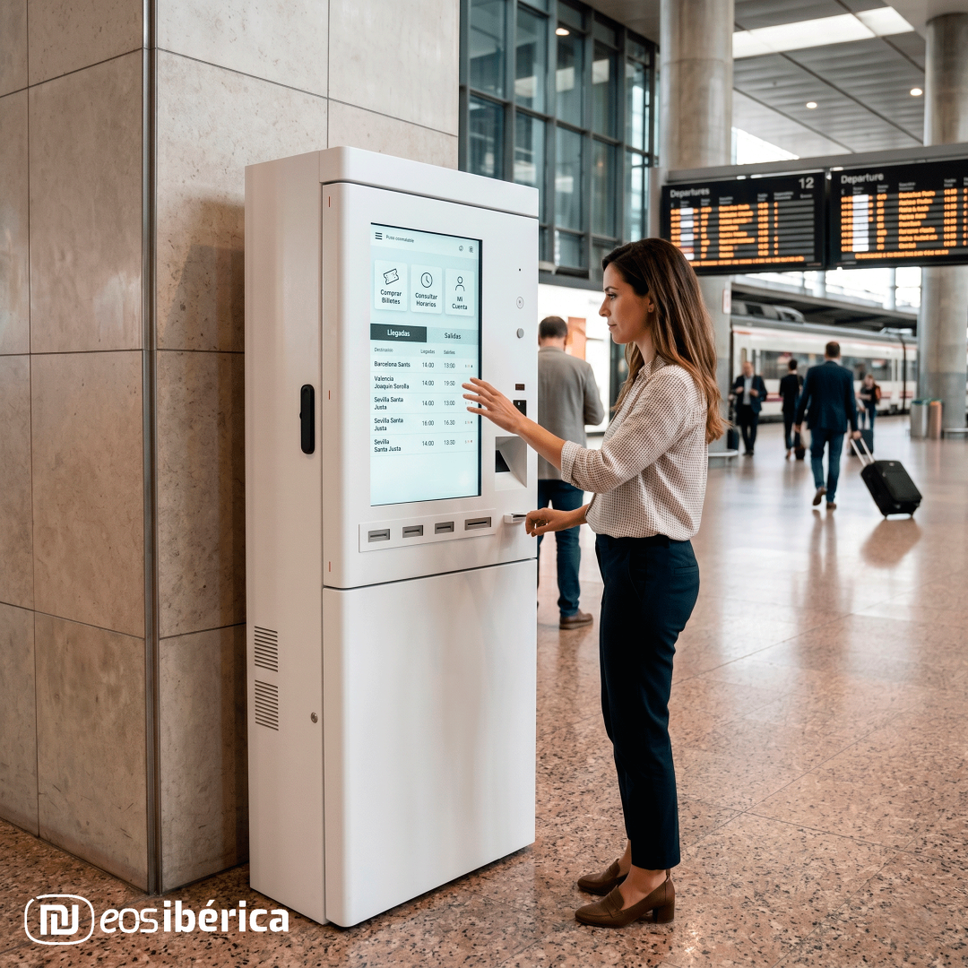 Una mujer de pie interactúa con un terminal interactivo blanco en la concurrida sala de una moderna estación de tren, que tiene un panel de información de salidas en el fondo