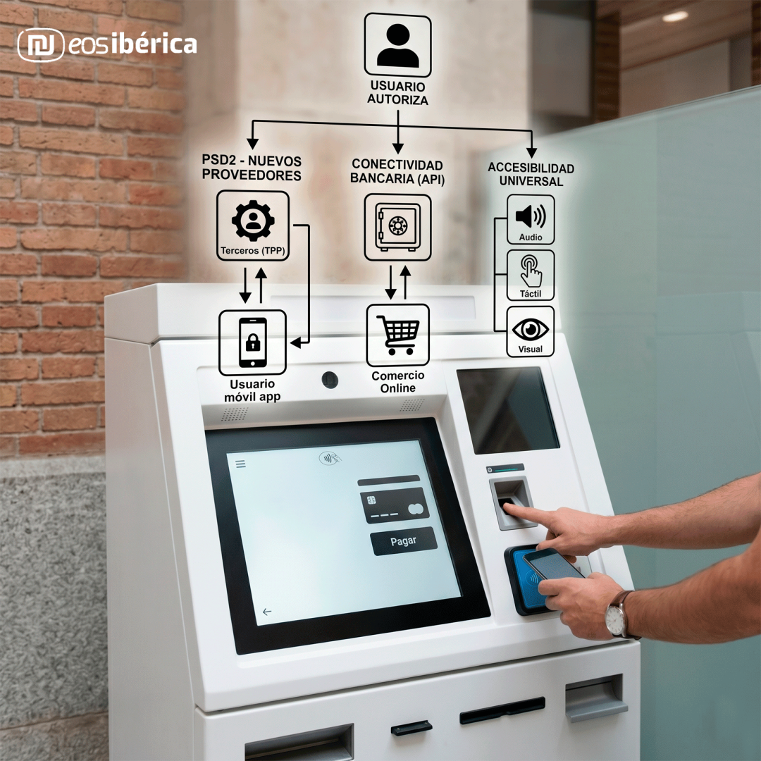 Kiosco de pago con esquema flotante que muestra la autorización del usuario, conectividad bancaria, accesibilidad universal y las nuevas opciones de proveedores. Una mano usa un sensor de huellas dactilares y otra un smartphone con lector NFC.
