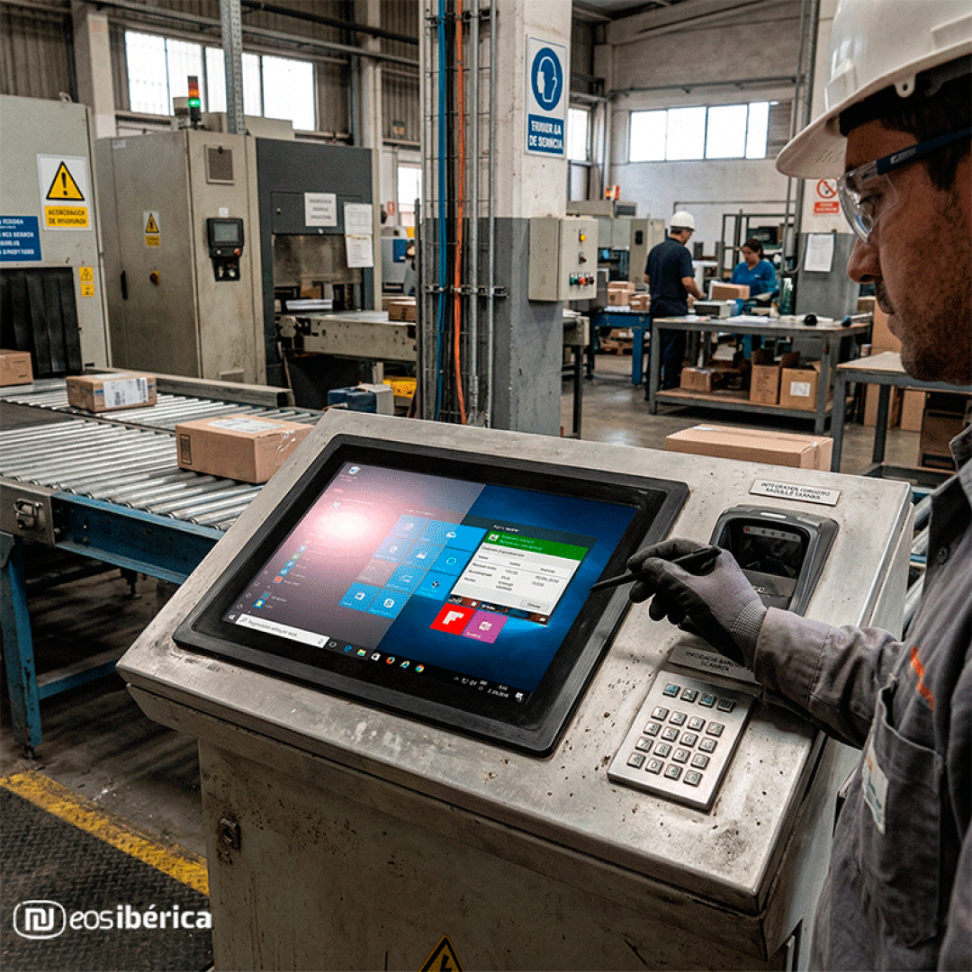 Fotografía realista que integra un Panel PC de EOS Ibérica en una terminal de control de una planta de producción industrial con un operario.