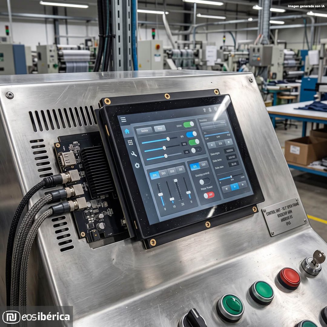 Primer plano de un Panel PC industrial open frame de 10.1" con pantalla táctil capacitiva y sistema operativo Android, montado en una consola de operador de acero inoxidable cepillado en un entorno de fábrica automatizado.