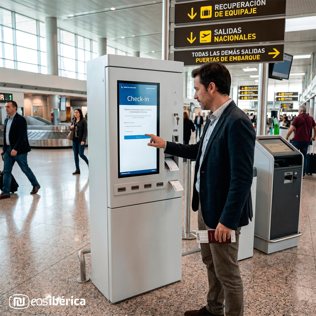 Un hombre de pie frente a un quiosco de facturación interactivo en una terminal de aeropuerto, interactuando con la pantalla táctil. En el fondo, otros pasajeros y personal del aeropuerto caminan, y carteles de señalización indican direcciones para llegadas y salidas.