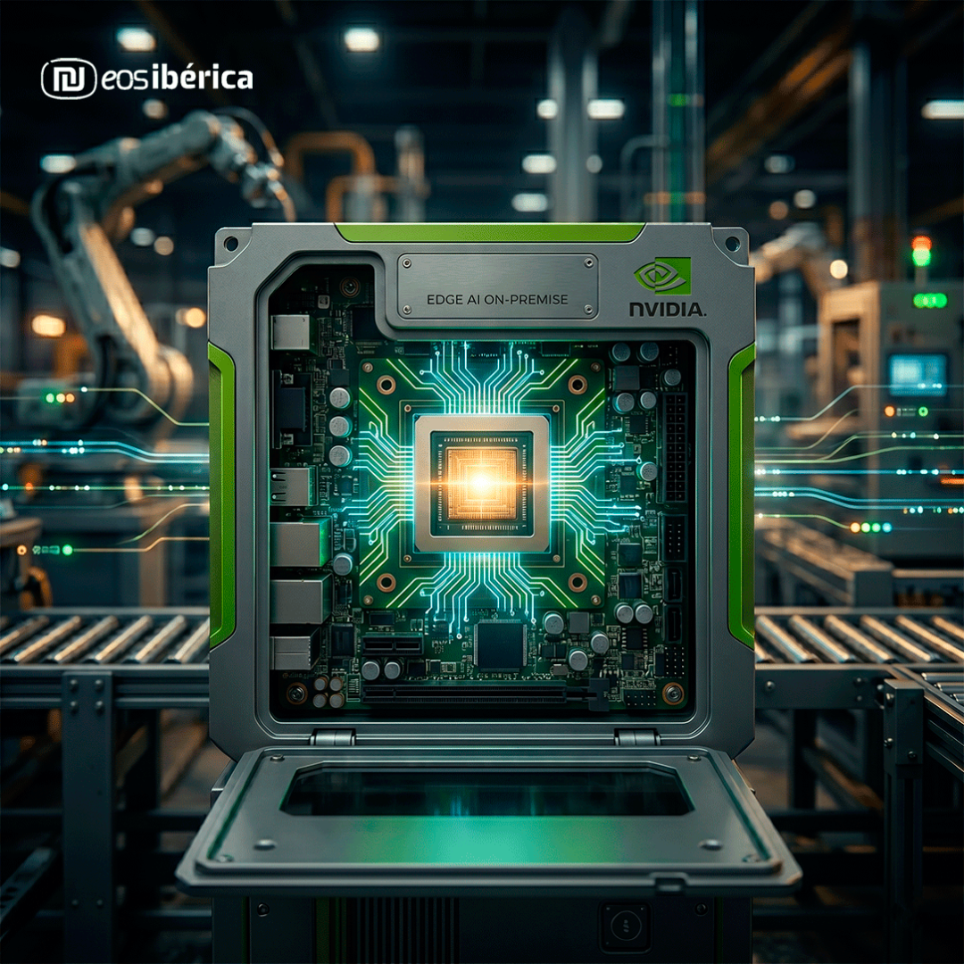 Primer plano de un procesador industrial iluminado con circuitos en una planta de fabricación automatizada.