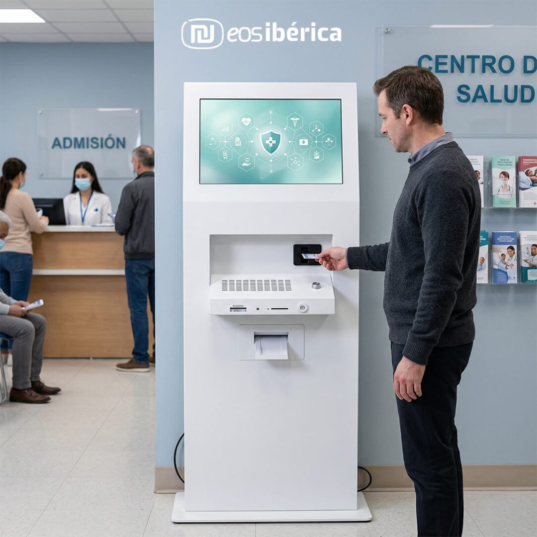 "Un paciente utiliza un terminal interactivo en un centro de salud para realizar una gestión, probablemente el registro o la confirmación de una cita. Se le ve insertando o escaneando una tarjeta de identificación o sanitaria. El entorno es una clínica moderna con carteles de 'CENTRO DE SALUD' y 'ADMISIÓN'.