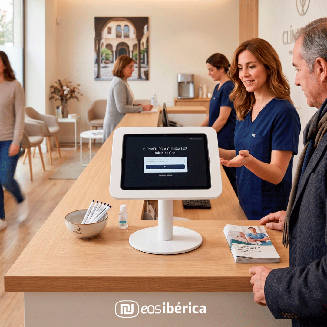 Un terminal táctil de autoservicio para pacientes, idéntico al del input, está ubicado en el mostrador de recepción de madera de una clínica sanitaria moderna. La pantalla del terminal muestra un mensaje de bienvenida en español y un botón de inicio. Una recepcionista sonriente con uniforme azul hace un gesto hacia la pantalla, mientras un paciente mayor con chaqueta y bufanda la observa. Al fondo se ve la sala de espera y el logotipo de la clínica.