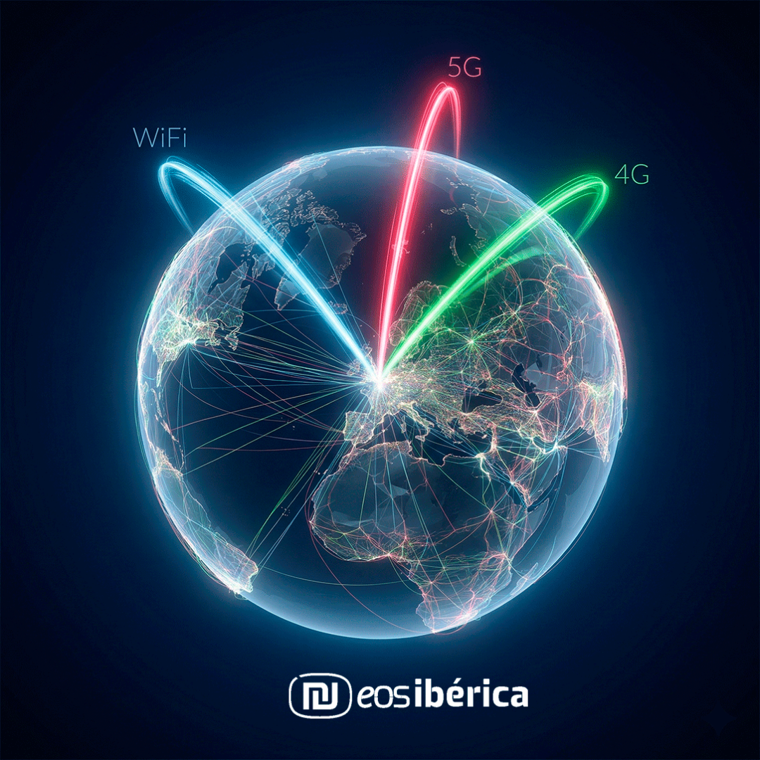 Ilustración 3D de un globo terráqueo con continentes y una red de conexiones luminosas, coronado por tres arcos metálicos de color azul, rojo y verde, etiquetados como "WiFi", "5G" y "4G", representando la conectividad global.