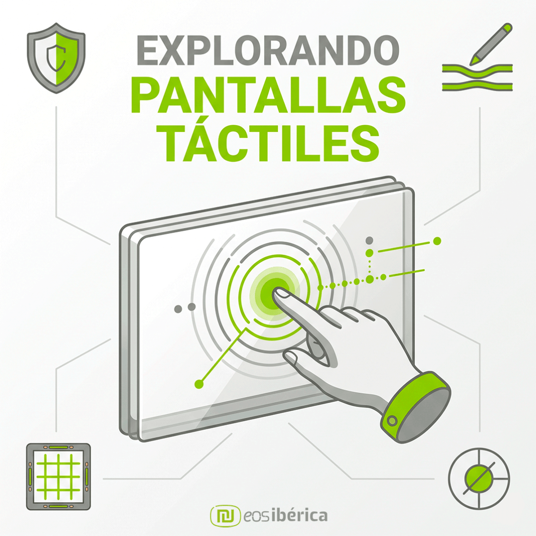 Ilustración conceptual en formato cuadrado con un dedo tocando una pantalla digital interactiva, iconos de sensores y el título "Explorando pantallas táctiles" en colores verde y gris.