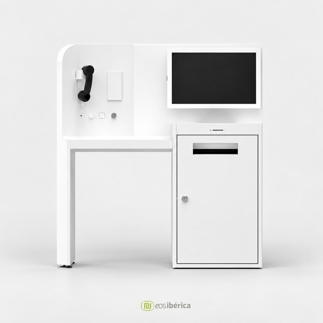 Terminal interactivo eHelp de EOS Ibérica con pantalla, teléfono, lector de DNIe e impresora integrados.