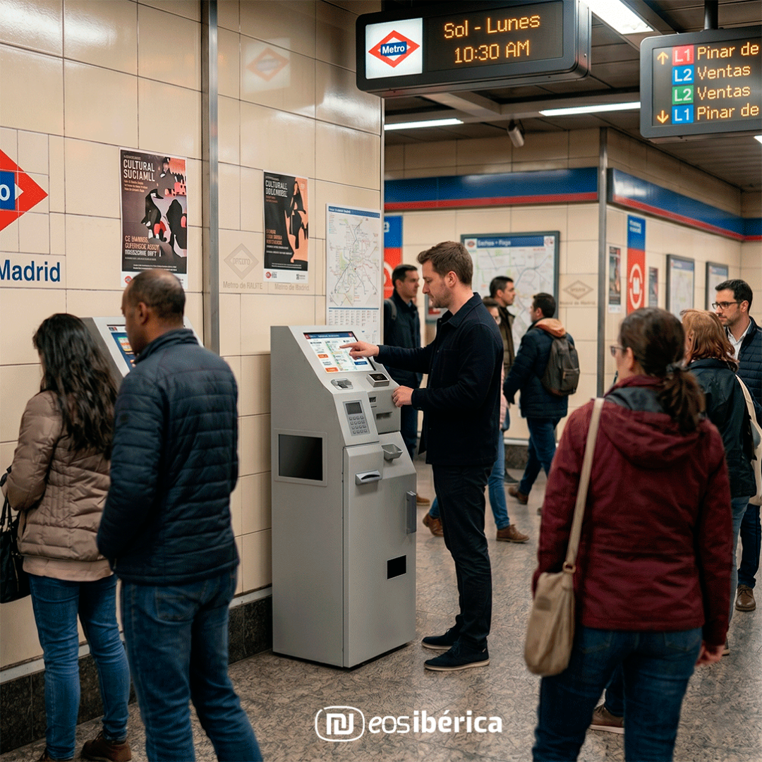 Hombre interactuando con nuestro eCash TPV en una estación de metro de Madrid.