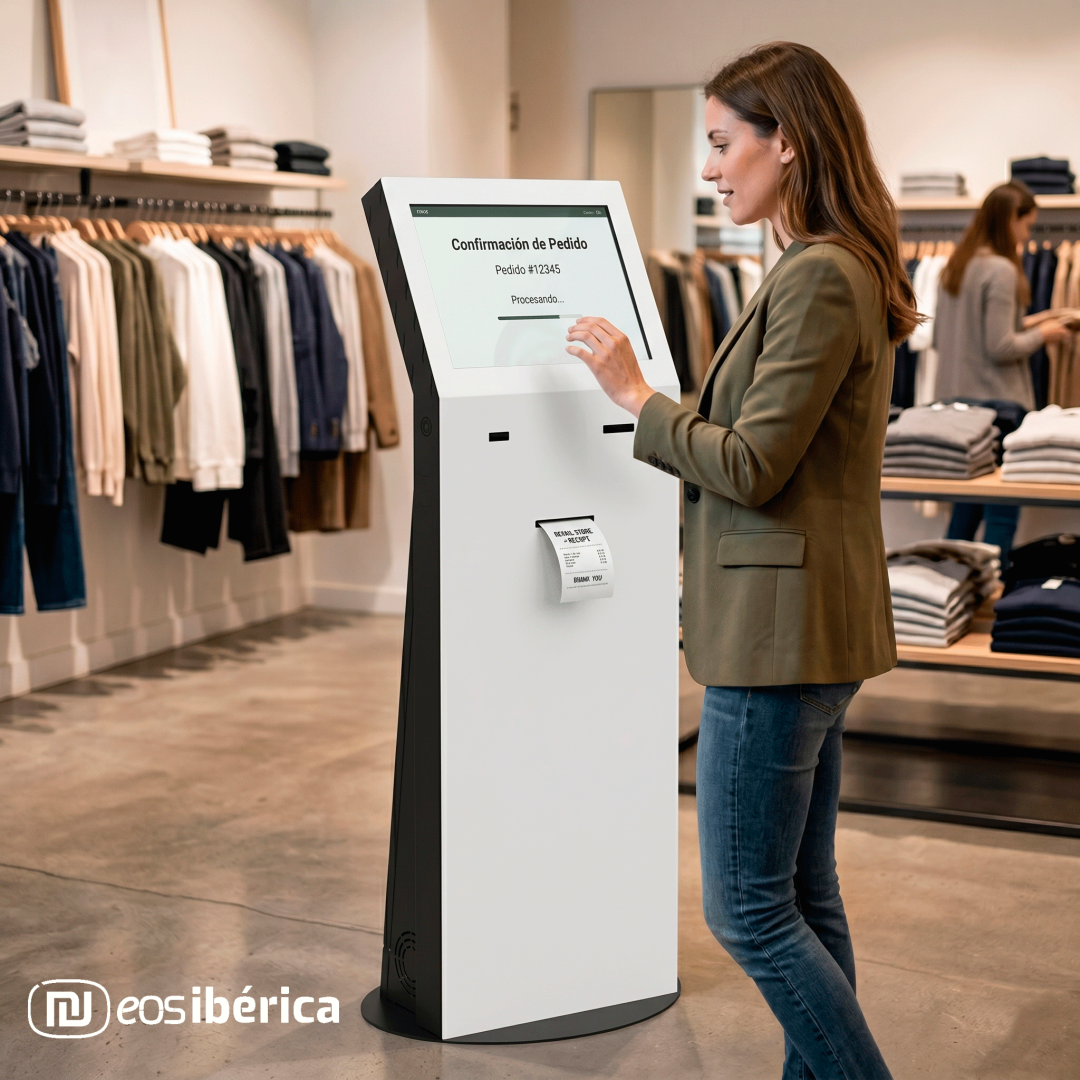 Ejemplo de integración de nuestro terminal interactivo blanco e700w en una tienda de ropa con una clienta recibiendo un ticket de confirmación de pedido.