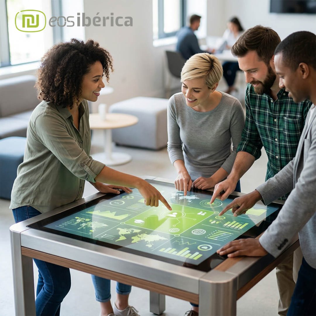 Personas utilizando una mesa táctil para el aprendizaje activo y la toma de decisiones. Imagen que representa la innovación tecnológica en entornos colaborativos y oficinas modernas.